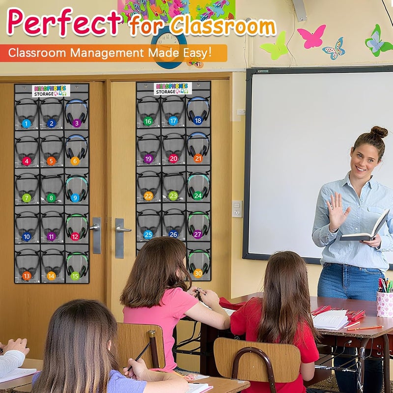 Olpchee 2 Pack Classroom Headphone Storage Organizer with 30 Pockets, PVC Clear Classroom Pocket Chart for Headphone Cell Phone Over-the-Door Hanging Headphone Holder Bag with 62 Labels(Grey) - Image 2